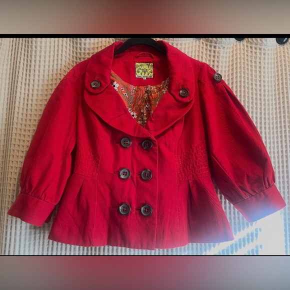 Anthropologie Floreat Red Peplum Jacket Blazer Floral Lined Size 6 - Picture 3 of 5